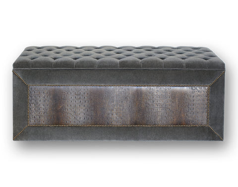 Hidden Gun Safe Bench-Aged Gator Gray Inset Flan Graphite Fabric Frame 1/2" Dallas Nail